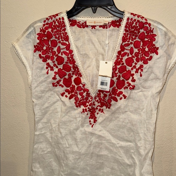 NWT Tory Burch bikini swimsuit cover up dress Issy tunic size XS ivory red paper - Picture 2 of 4